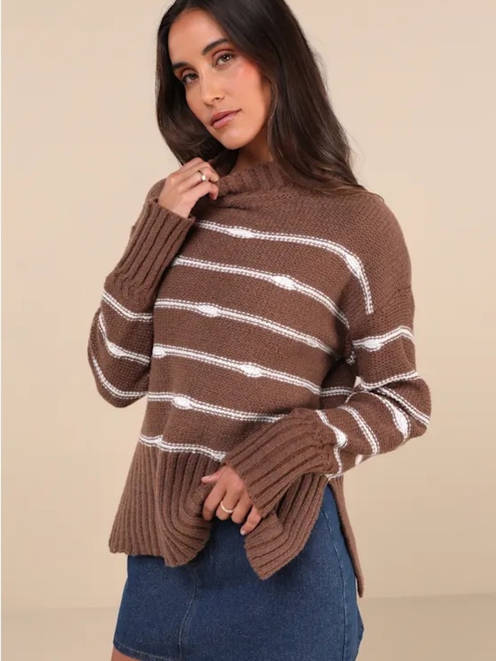 Lulu’s Cozy Brown Striped Mock Neck Sweater